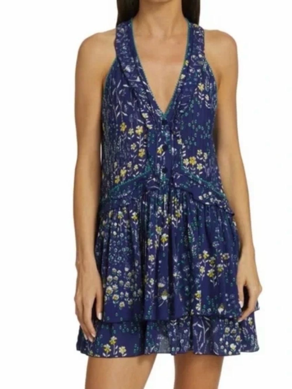 Poupette St. Barth Navy Floral V-Neck Tiered Mini Dress